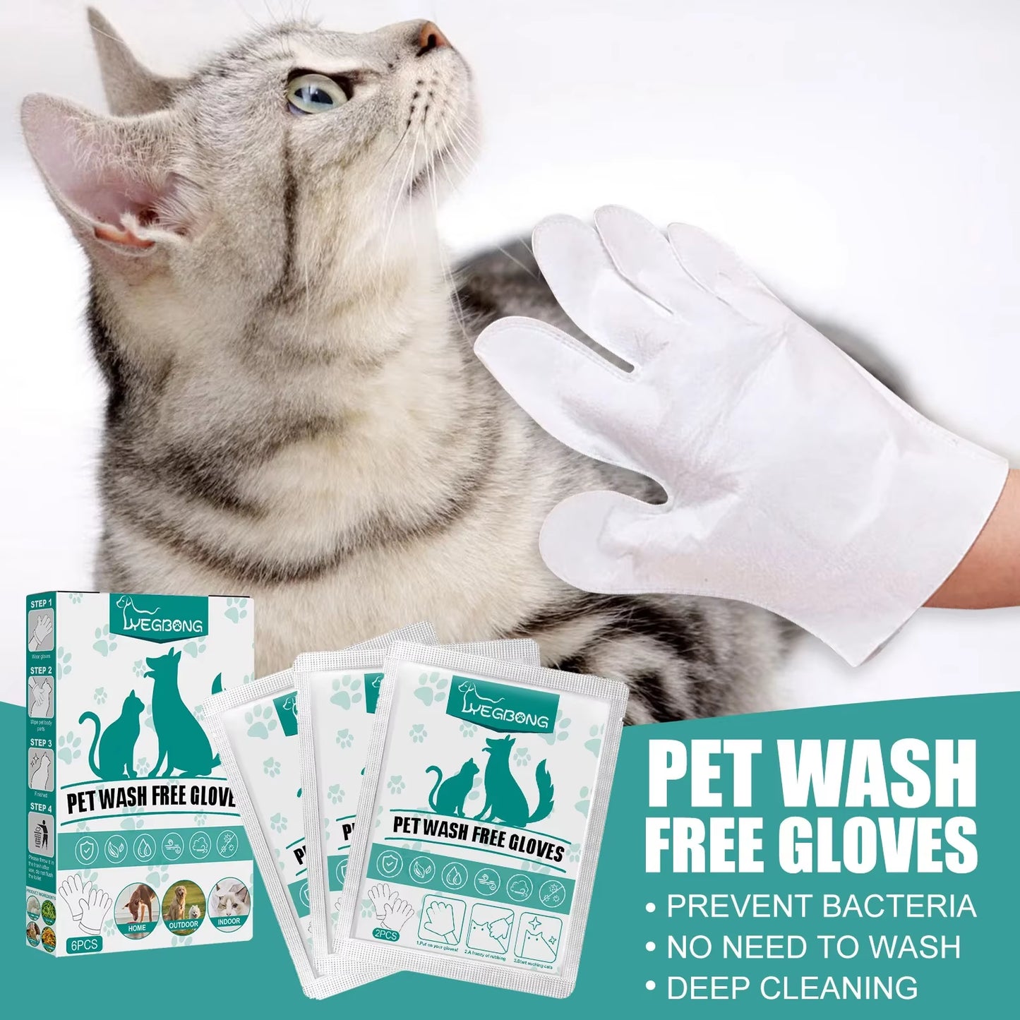 2/6Pcs Pet Disposable Cleaning Gloves Wash Free Cats Dogs SPA Bath Supplies Massage Non Woven Fabric No Rinse Eye Wipe Gloves