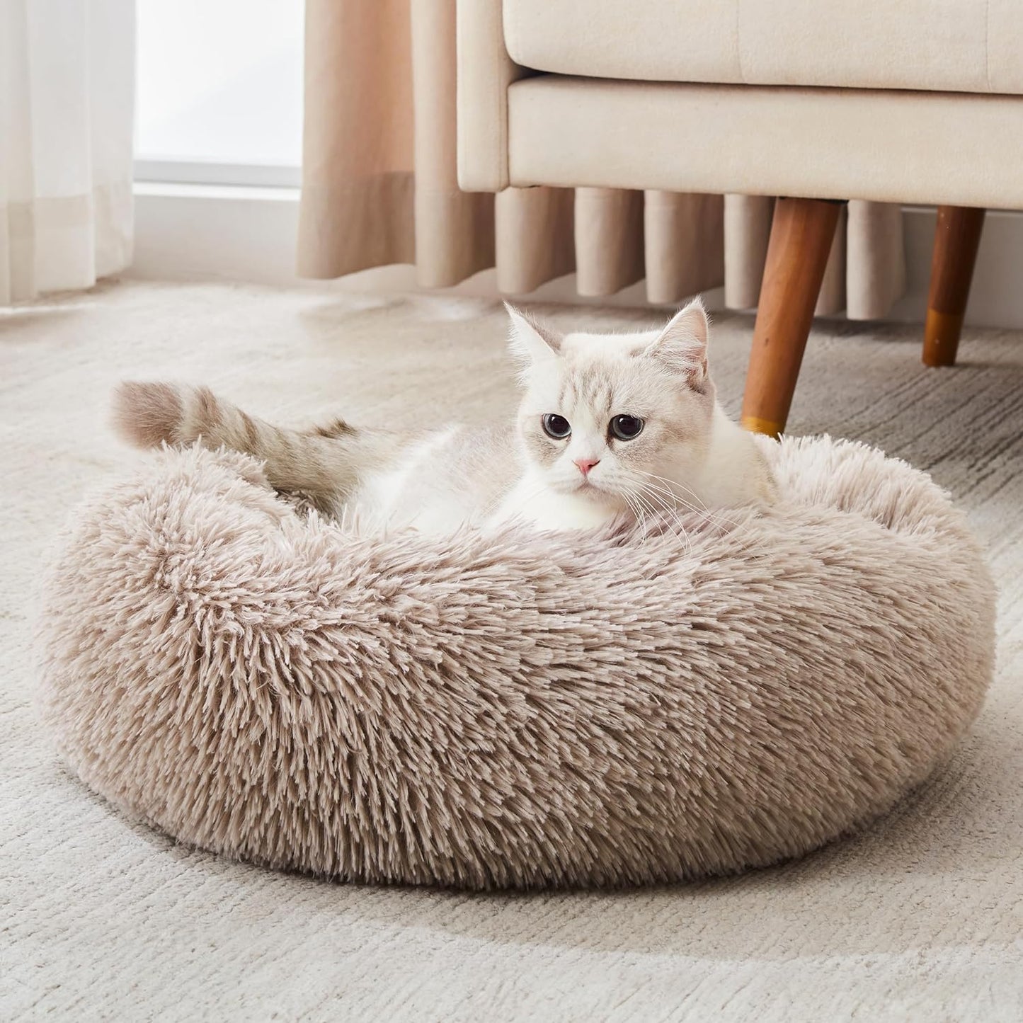 Calming Dog & Cat Bed, Anti-Anxiety Donut Cuddler Warming Cozy Soft round Bed, Fluffy Faux Fur Plush Cushion Bed for Small Medium Dogs and Cats (20"/24"/27"/30")