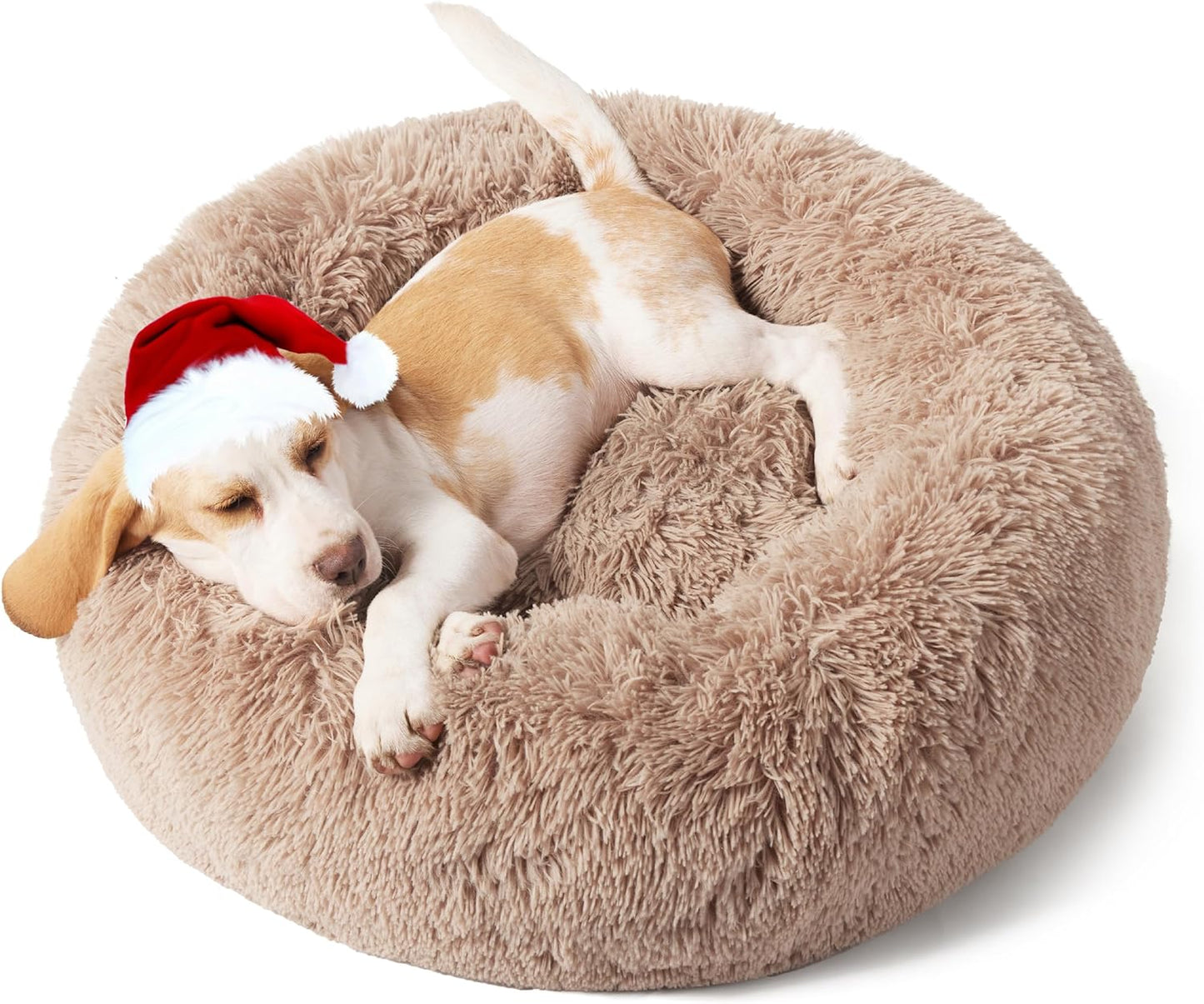 Calming Dog Bed for Small Dogs - Donut Washable Small Pet Bed, 23 Inches Anti-Slip round Fluffy Plush Faux Fur Large Cat Bed, Fits up to 25 Lbs Pets, Camel