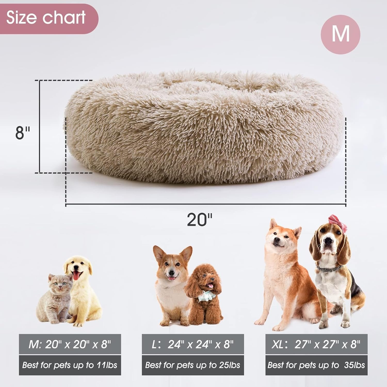 Calming Dog & Cat Bed, Anti-Anxiety Donut Cuddler Warming Cozy Soft round Bed, Fluffy Faux Fur Plush Cushion Bed for Small Medium Dogs and Cats (20"/24"/27"/30")