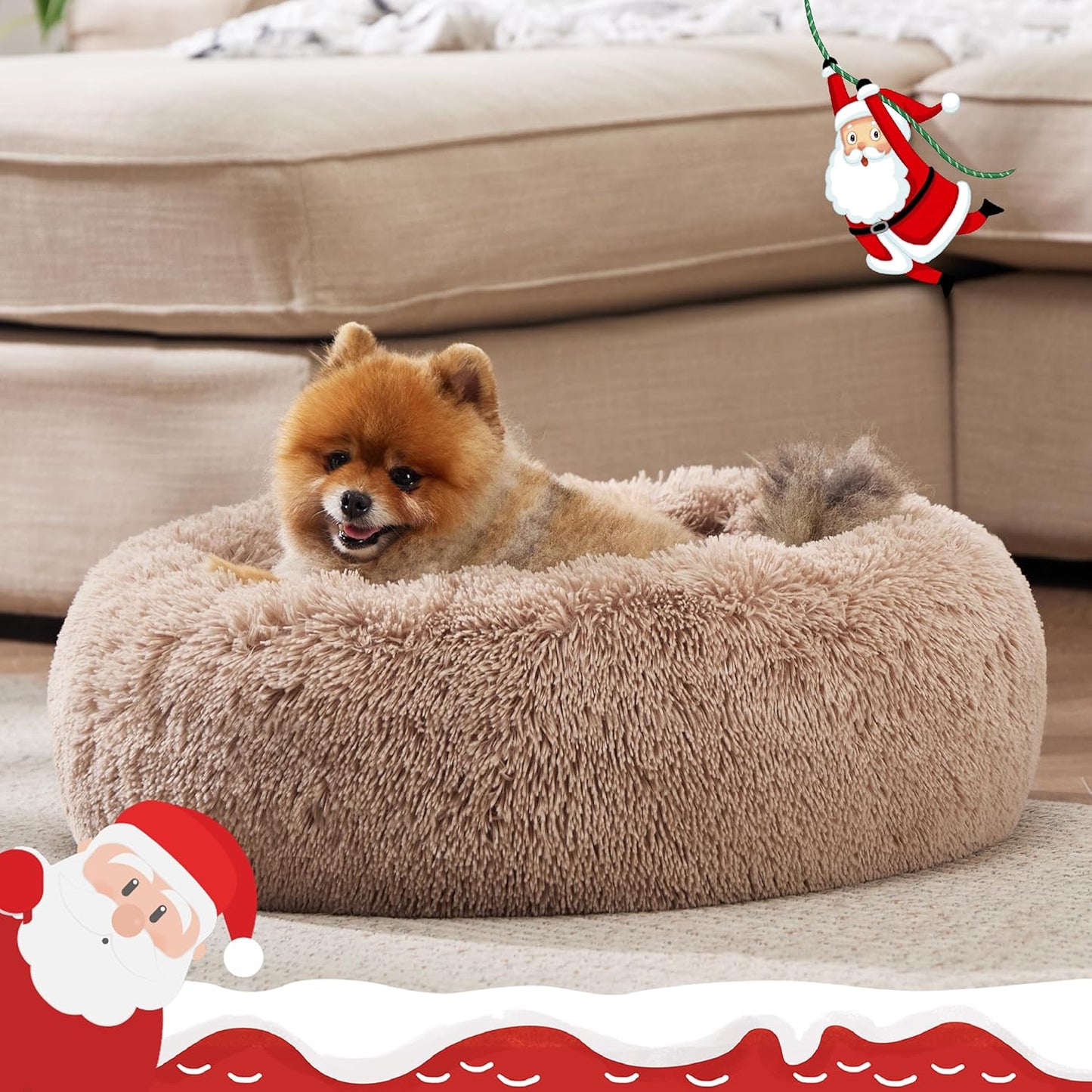 Calming Dog Bed for Small Dogs - Donut Washable Small Pet Bed, 23 Inches Anti-Slip round Fluffy Plush Faux Fur Large Cat Bed, Fits up to 25 Lbs Pets, Camel